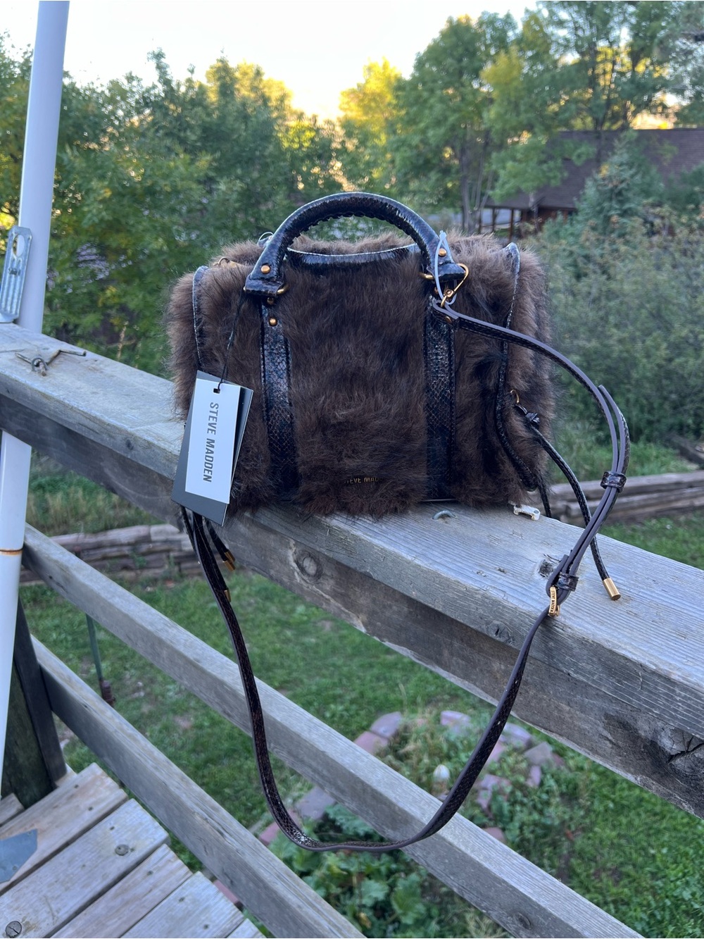 Steve Madden Dark Brown Faux Fur Satchel with Removable Strap